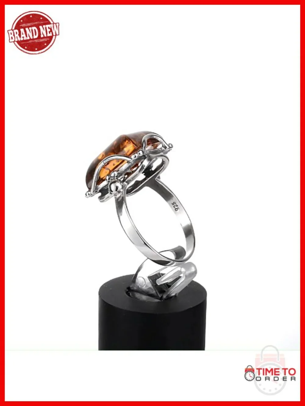 Sterling Silver & Real Baltic Amber Rectangle Ring